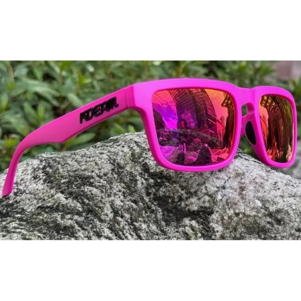 KDEAM Polarized Sunglasses Hot Pink Matte Square Frame Mirrored Lens UV400